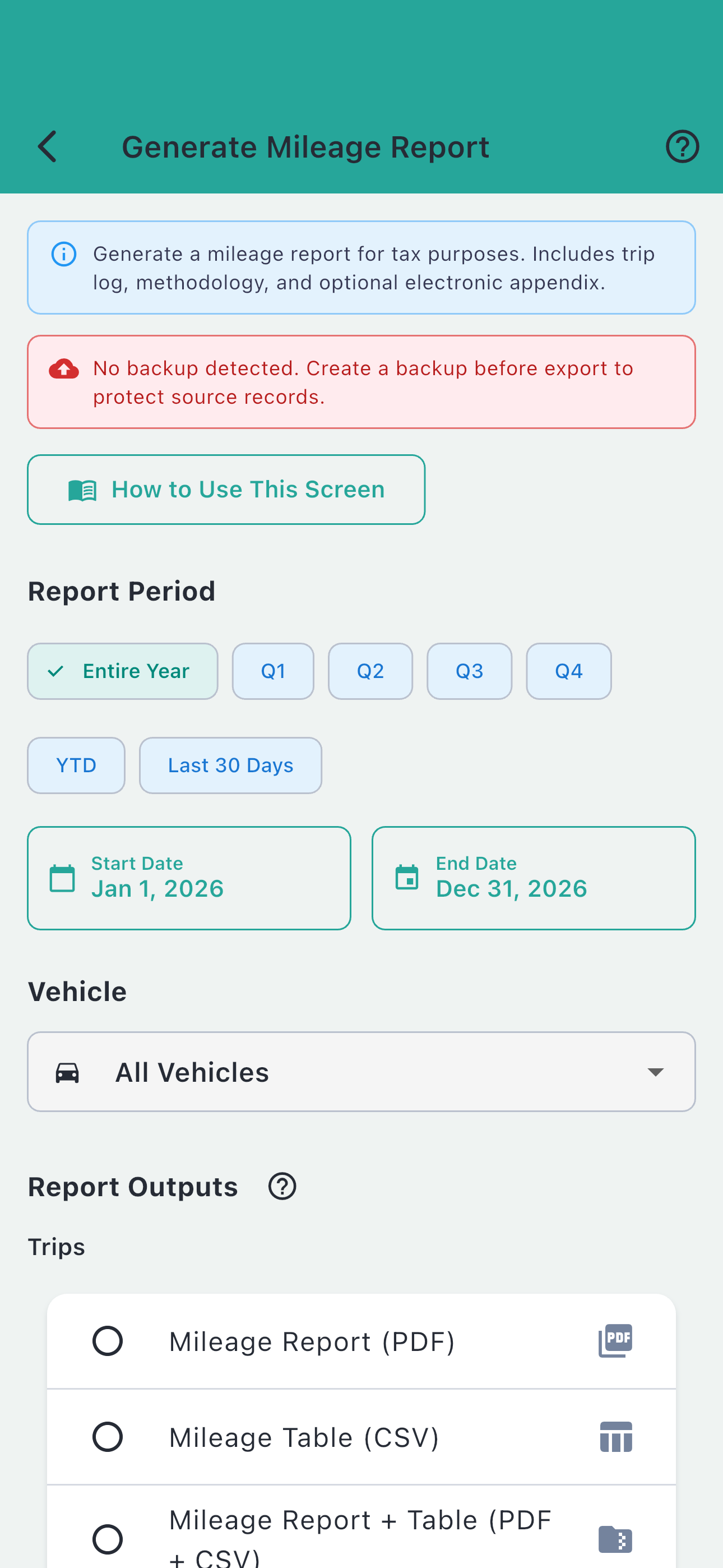 RoadStance report builder showing period and output choices